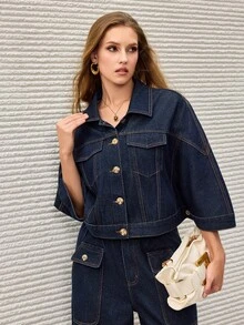 Selenza Jaket Denim Kasual Wanita Kancing Tunggal untuk Sehari-hari - Biru - View 3