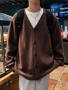 Claim Dot Men's Solid Color Single-Breasted Casual Everyday Cardigan, Fall/Winter, Long Sleeve Top - Coffee Brown - View 3