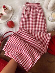 SHEIN EZwear 女款秋冬新款聖誕格紋抓絨內裡加厚簡約前綁帶寬鬆運動褲，休閒日常穿搭，適合返校季，秋冬加厚運動褲，適合日常通勤、派對、秋冬、夏季、派對、婚禮、海灘、畢業典禮等場合，優雅休閒，適合外出，Y2K風格，音樂節等 - 紅色 - 查看 5
