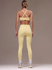 Musera Sport 女款交叉背上衣與緊身褲運動套裝，適用健身房、健身、瑜伽、皮拉提斯、日常休閒 - Butter Yellow - 查看 2