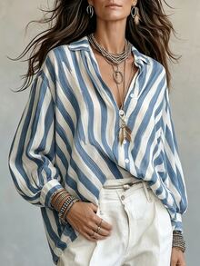 SHEIN Tall Kemeja Wanita Bergaris Kasual Serbaguna untuk Pemakaian Sehari-hari - Blue and White - View 5