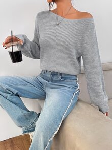 SHEIN PETITE 白色女款長袖套頭毛衣，可披肩穿著，適合秋冬，適合嬌小女性 - 灰色 - 查看 4