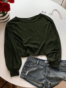 SHEIN EZwear 燈籠袖混色針織毛衣，秋冬款針織毛衣 - 軍綠色 - 查看 4