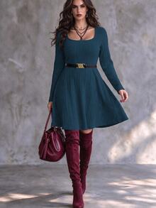 Vionelle Plus Ribbed Knit Scoop Neck Dress Without Belt Fall Cloth For Women - Navy Blue - View 1