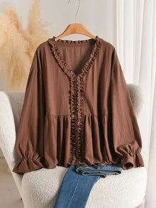 CosyJoli Plus Size Solid Frill Trim Flounce Sleeve Babydoll Blouse - Brown - View 6