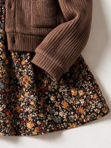 SHEIN 2pcs Toddler Girls Cardigan Dress Set Sweet Elegant Brown Black Floral Knit Ribbed Long Sleeve Peter Pan Collar Ruffle Button Front Princess Party - Brown - View 4