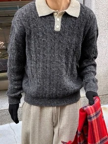 DAZY Men's Casual Polo Collar Sweater With Contrast Color Patchwork Collar And Grey Body, Autumn/Winter - Multicolor - View 6