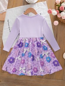 SHEIN 女童編織花卉蝴蝶結圖案方領荷葉邊休閒上衣 - 紫色 - 查看 2