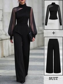 Elenzga High Neck Asymmetrical Shoulder Mesh Patchwork Long Sleeve Top + High Waist Drape Wide Leg Pants 2pcs Set, Elegant Slimming Black - Black - View 3