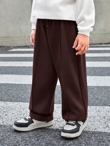 SHEIN Bubblio 兒童小男孩純色抽繩腰寬腿休閒運動長褲 - 咖啡棕 - 查看 6