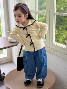 Dazy Kids Infant/Toddler (Girl) Contrast Color Bow Collar Long Sleeve Autumn/Winter Korean Style Top - Apricot - View 5