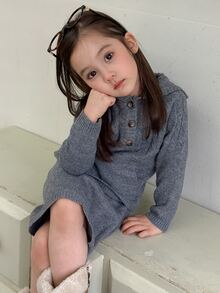 Dazy Kids Infant/Toddler (Girl) Hooded Solid Color Korean Style Sweater Set, Autumn/Winter - Grey - View 3