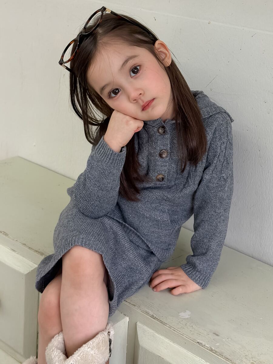 Dazy Kids Infant/Toddler (Girl) Hooded Solid Color Korean Style Sweater Set, Autumn/Winter - Grey - View 1