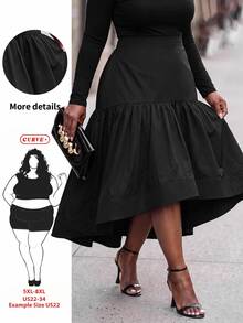 SHEIN CURVE+ Plus Size Women's Solid Color Pleated Casual Daily Skirt - Black - View 1