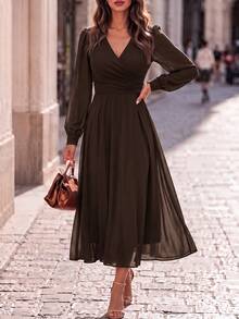 Editum Women's Solid Color Overlap V-Neck Lantern Sleeve Elegant Long Dress Dinner Date Night Coffee Brown Fall - Coffee Brown - View 6
