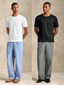 EverLounge 4pcs/Set Men's Printed Plaid Trim Comfortable Soft Short Sleeve Top And Shorts Loungewear Set - Multicolor - View 1