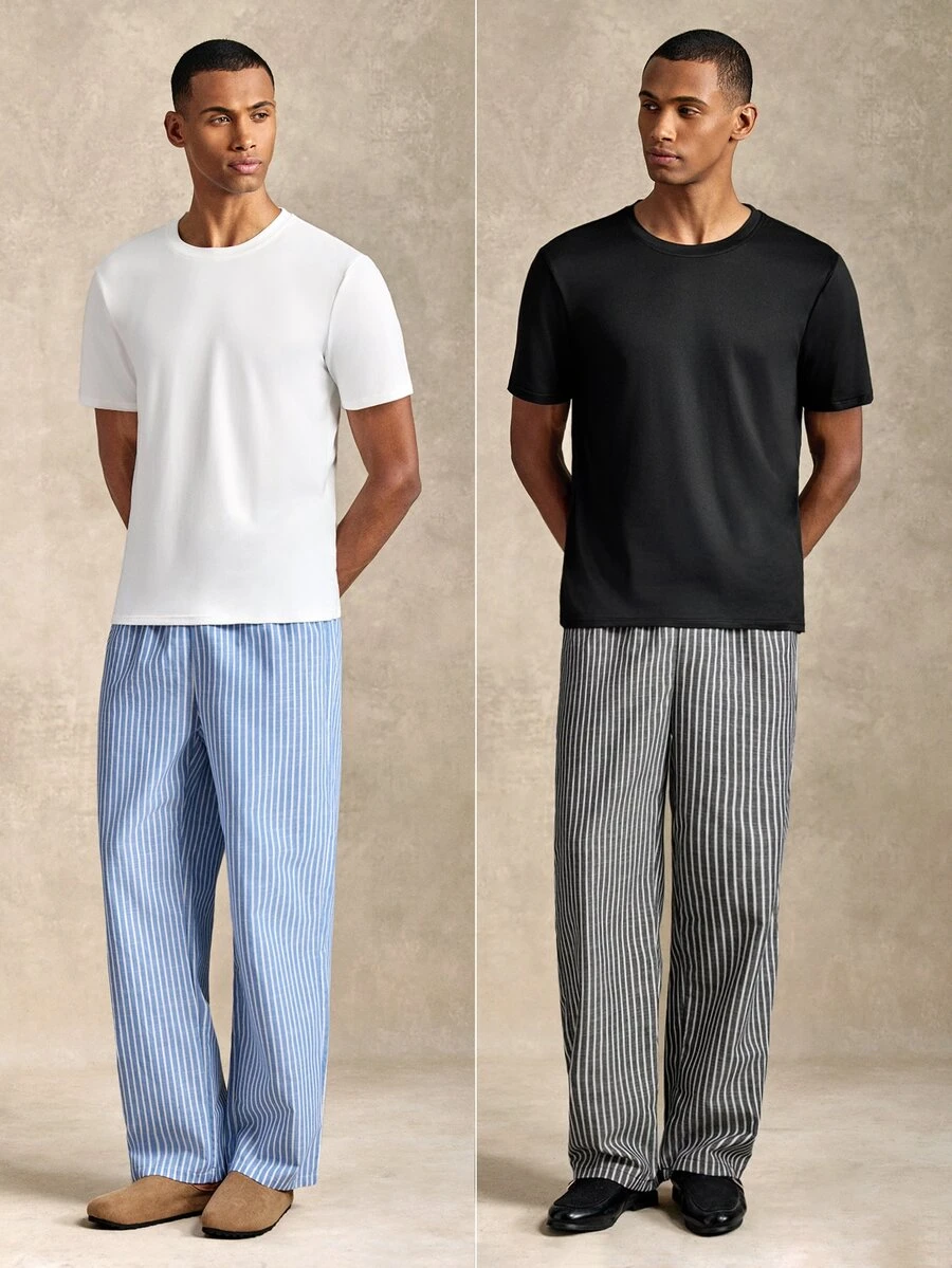 EverLounge 4pcs/Set Men's Printed Plaid Trim Comfortable Soft Short Sleeve Top And Shorts Loungewear Set - Multicolor - View 1