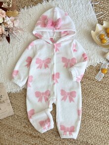 SHEIN Baby Girl Bow Print Long Sleeve Cute Hooded Romper - Pink - View 1