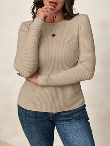SHEIN Clasi 大尺碼女款淺杏色船領長袖基礎層針織套頭衫，秋冬基本款 - 卡其色 - 查看 4