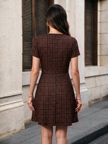 EMERY ROSE 女款夏季優雅學院風通勤格紋短洋裝 辦公室棕色格紋 - 咖啡棕 - 查看 2