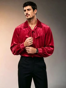 ZURIURI Men's Velvet Ribbon Mature Vibe Vintage Drape Burgundy Long Sleeve T-Shirt - Burgundy - View 6