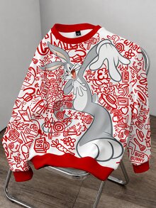 LOONEY TUNES X SHEIN Daypath 男士紅色字母印花修身版常規肩寬圓領套頭抓絨衛衣 - 白色 - 查看 5