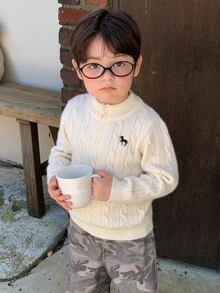 Hapijoa 嬰兒/幼兒（男童）圓領麻花編織卡通刺繡長袖純色毛衣 - 白色 - 查看 6