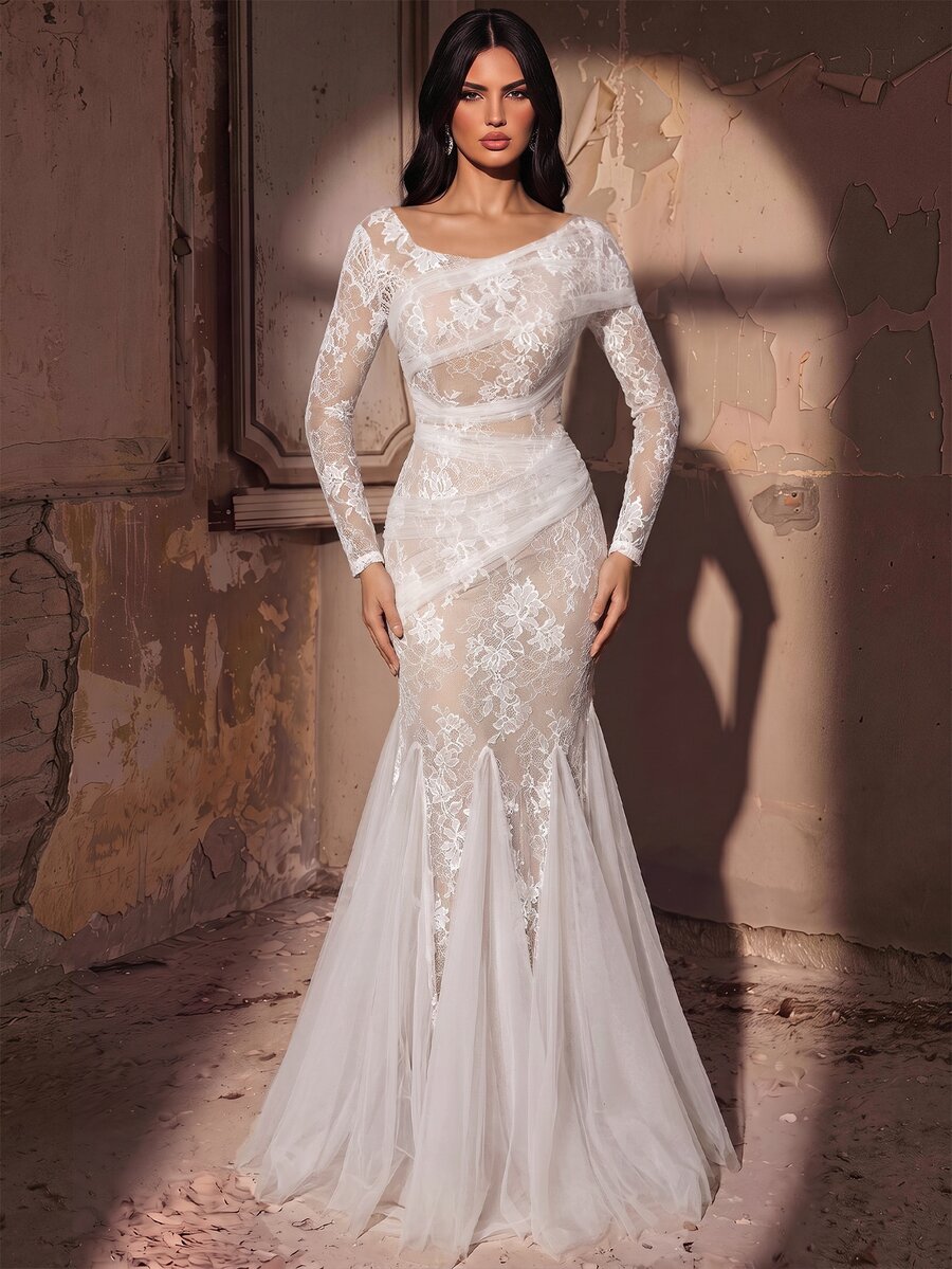 Aureia Elegant Luxurious White Beaded Lace Contrast Mesh One-Shoulder ...