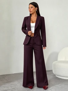SHEIN PETITE 優雅兩件式套裝，單排扣西裝外套與西裝褲套組，秋季通勤辦公商務企業穿著，適合嬌小女性 - 紫紅色 - 查看 7