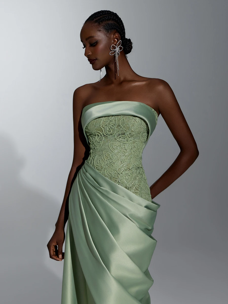 Elitara Elegant Luxury Beaded Strapless Fabric Ruched Asymmetrical A-Line Design Evening Gown Suitable For Wedding Or Formal Party Banquet - Army Green - View 1