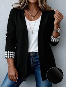 SHEIN LUNE CURVE Plus Size Women Casual Long Sleeve Blazer Jacket With Leopard Print Patchwork - Black - View 7