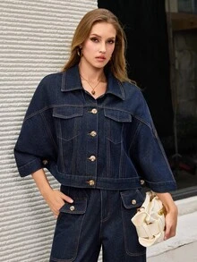 Selenza Jaket Denim Kasual Wanita Kancing Tunggal untuk Sehari-hari - Biru - View 4