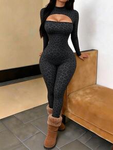 INAWLY Solva Fashionable Sexy Solid Color Hollow Out Bodysuit - Dark Grey - View 4