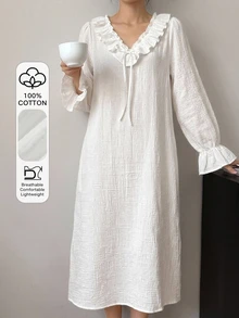DAZY Winter Spring Sweet Solid Color 100% Pure Cotton Ruffle V-Neck Loose Long Sleeve Long Nightgown For Women - White - View 4