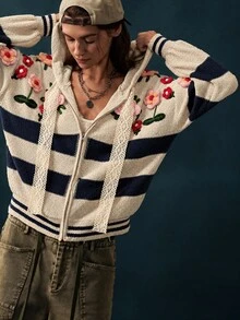 Bohemela 復古撞色刺繡針織帽領毛衣開襟衫 - 杏色 - 查看 6