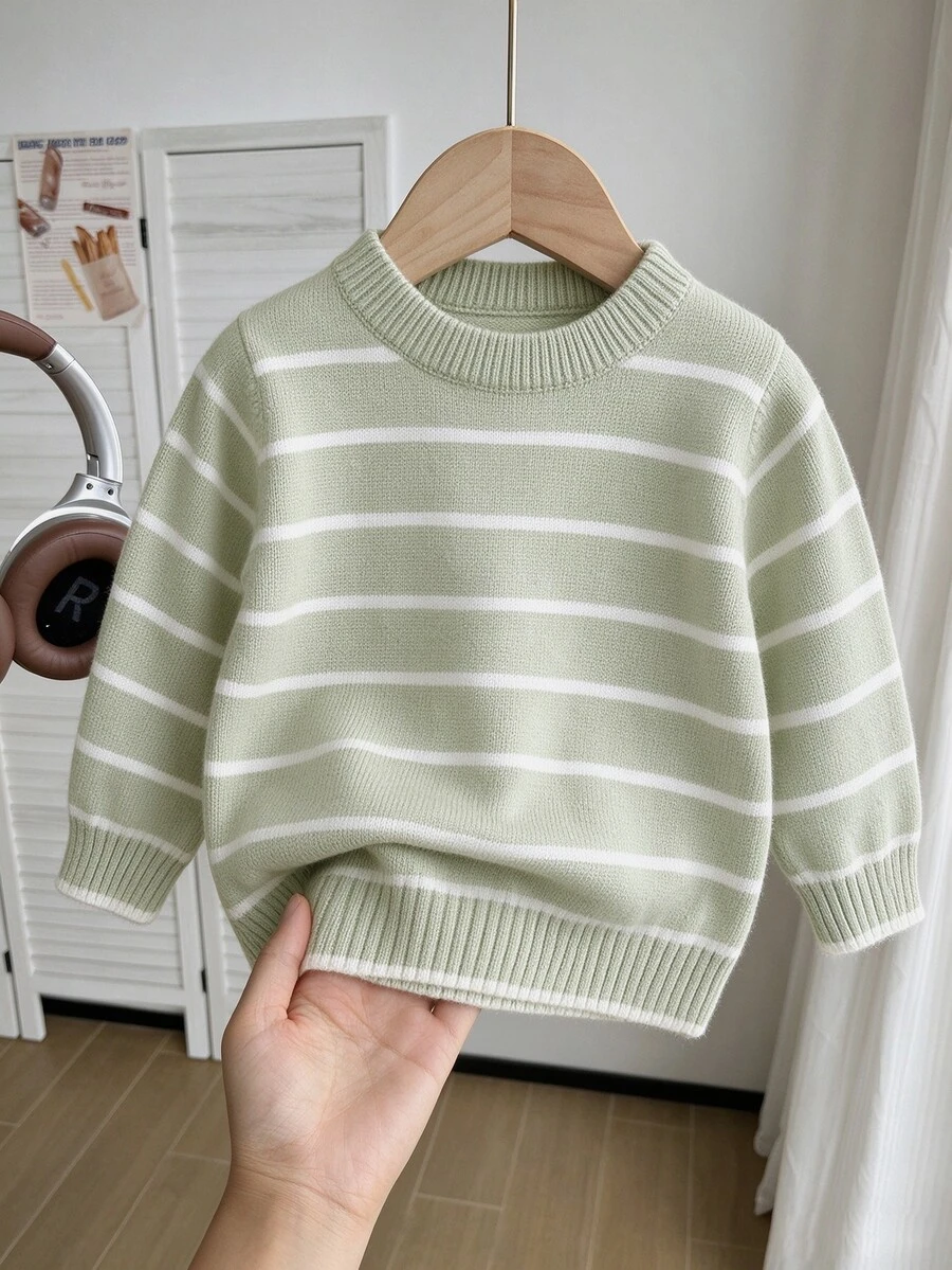 SHEIN Baby Boys Sweaters Round Neck Striped Two-Tone Pullover Sweater Brown Comfortable Soft Minimalist Premium Sporty Cute Suitable For Autumn Winter Suitable For Party Suitable For Outing Suitable For Travel Suitable For School Suitable For Outdoor Play - Green - View 1