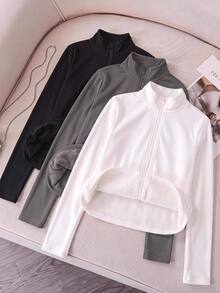 SHEIN EZwear 3件組女款純色拉鍊開襟保暖內裡T恤 - 彩色 - 查看 4