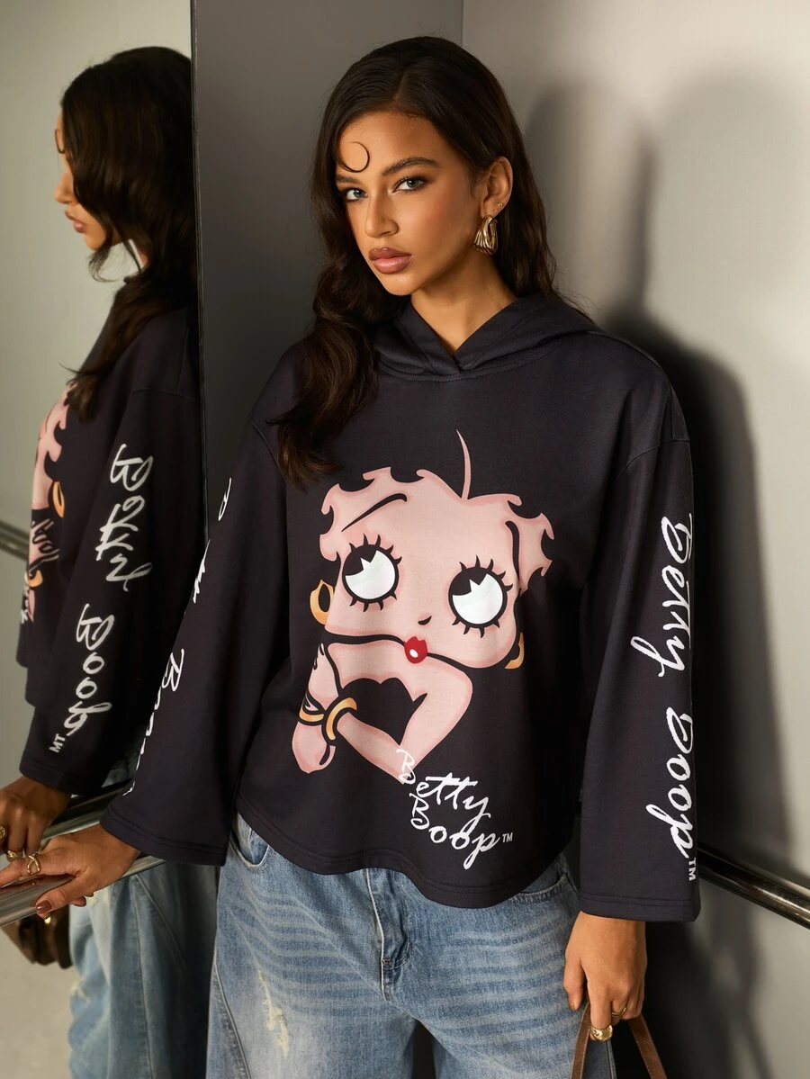 Betty Boop x SHEIN 女款字母卡通印花休閒日常運動衫 - 黑色 - 查看 1