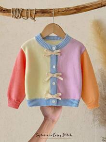 Cozy Pixies كارديجان بناتي رضيع كاجوال مريح للاستخدام اليومي متعدد الاستخدامات بتصميم باتشوورك وألوان متباينة مع فيونكة أمامية - متعدد الألوان - مشاهدة 1