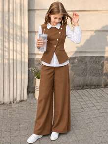 SHEIN Girls' Autumn/Spring Casual Fashion Simple V-Neck Sleeveless Belt Jacket Long-Sleeved White Shirt Loose Wide-Leg Straight-Leg Trousers Three-Piece Set - Brown - View 4