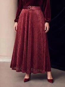 MOTF PREMIUM PLUS SIZE WOMEN'S AUTUMN/WINTER LEOPARD PRINT VELVET BELTED FLARED SKIRT - Burgundy - View 4