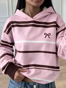 青少年女孩休閒極簡時尚經典條紋蝴蝶結圖案，寬鬆舒適連帽衛衣，適合秋冬/冬季，秋冬/冬季風格，適合日常通勤、聚會、秋冬/冬季、夏季、派對、婚禮、海灘、畢業典禮等場合，優雅休閒，適合外出，Y2K風格，音樂節 - 彩色 - 查看 1