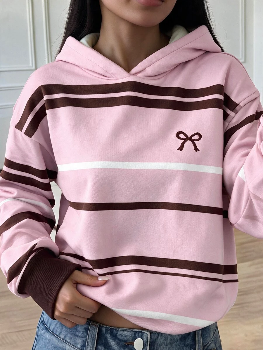 青少年女孩休閒極簡時尚經典條紋蝴蝶結圖案,寬鬆舒適連帽衛衣,適合秋冬/冬季,秋冬/冬季風格,適合日常通勤、聚會、秋冬/冬季、夏季、派對、婚禮、海灘、畢業典禮等場合,優雅休閒,適合外出,Y2K風格,音樂節 - 彩色 - 查看 1