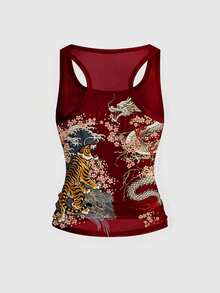 ROMWE Avant 女款龐克紅色虎龍櫻花暗黑性感透視網紗背心 - 紅色 - 查看 2
