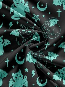 ROMWE Grunge Punk 深色哥德風大尺碼十字月亮太陽星星貓咪印花宮廷風洋裝 - 黑色 - 查看 4