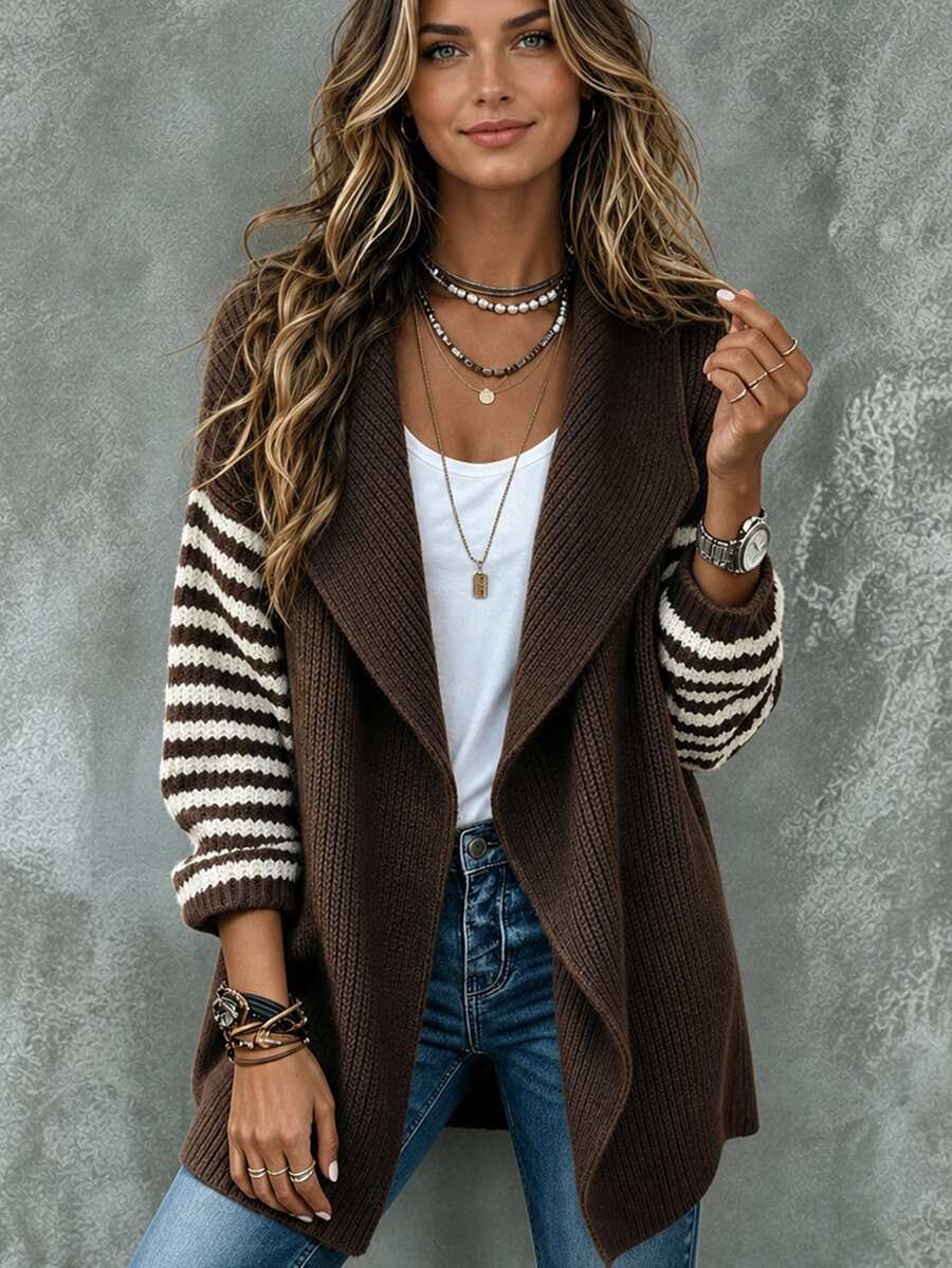 SHEIN Women's Colorblock Casual Versatile Daily Wear Cardigan - Coffee Brown - View 1
