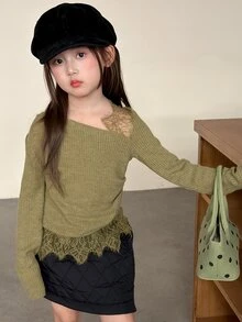 Dazy Kids Tween Girl Lace Patchwork Casual Daily Wear T-Shirt - Green - View 3