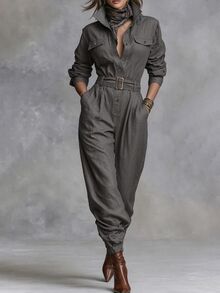 LUMIGAL Women's Grey Linen Cargo Pocket Casual Jumpsuit, Cinched Waist, Elegant Commute Style, Spring/Autumn - Grey - View 3