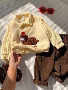 SHEIN 中性嬰兒男/女童、幼兒 2 件組秋冬抓絨內裡加厚可愛小狗貼布繡 2 合 1 運動衫套裝，嬰兒冬季套裝，聖誕節 - 黃色 - 查看 3