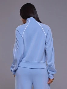 Musera Sport High Neck Zip Through Contrast Piping Pocket Front Soft Brushed Cropped Sweat Track Jacket Autumn Winter Fall Active Gym Workout Ski Blacksnow - Sky Blue - View 4